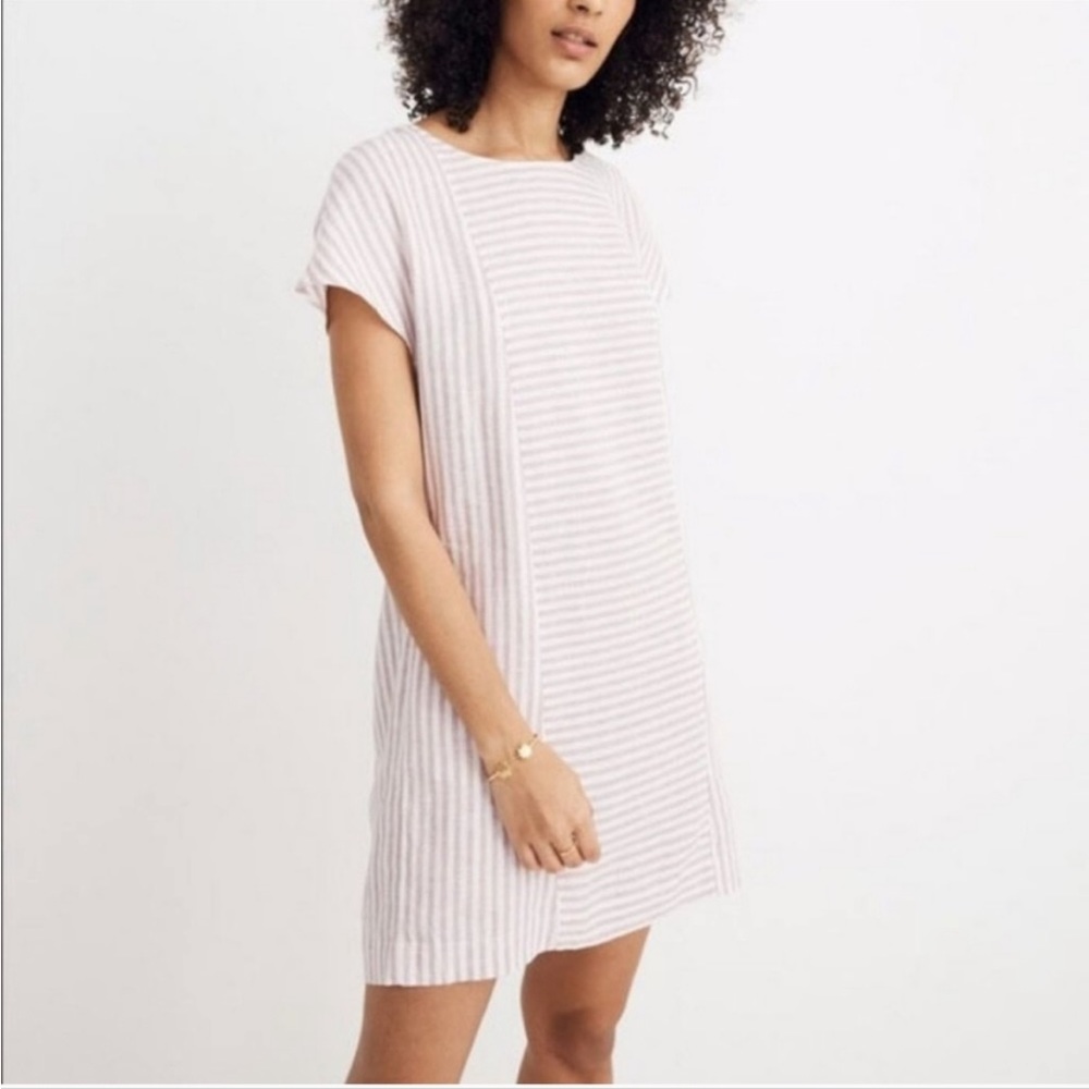 Purple Stripe Play Button Back Dress Linen Blend Oversized